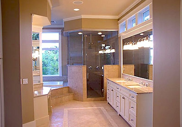 Lake Washington Custom Home bathroom with custom shower and fireplace - Town Construction and Development
