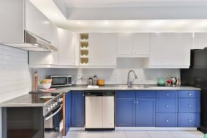 renovating a small Edmonds kitchen with blue cabinets
