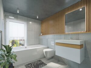 modern Edmonds bathroom with wooden elements.