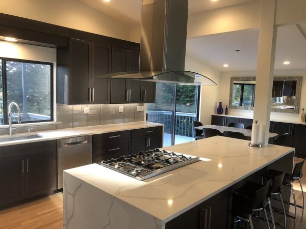 Edmonds Custom Kitchen Remodeling - custom Birch cabinets with waterfall quartz island